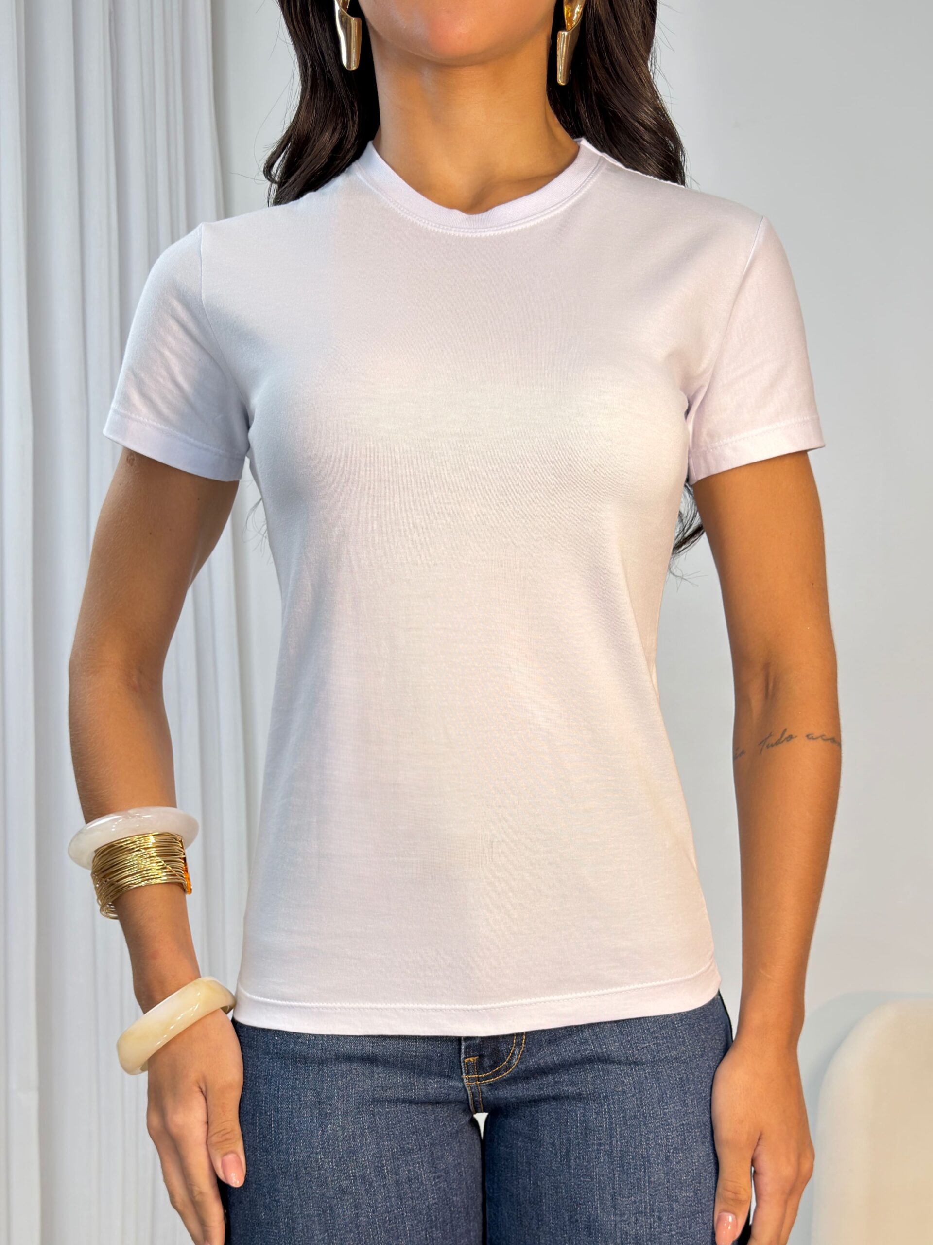 Camiseta Feminina Básica Camisa Casual 100% Algodão Leve Reforço Ombro a Ombro Branco - Imagem 5